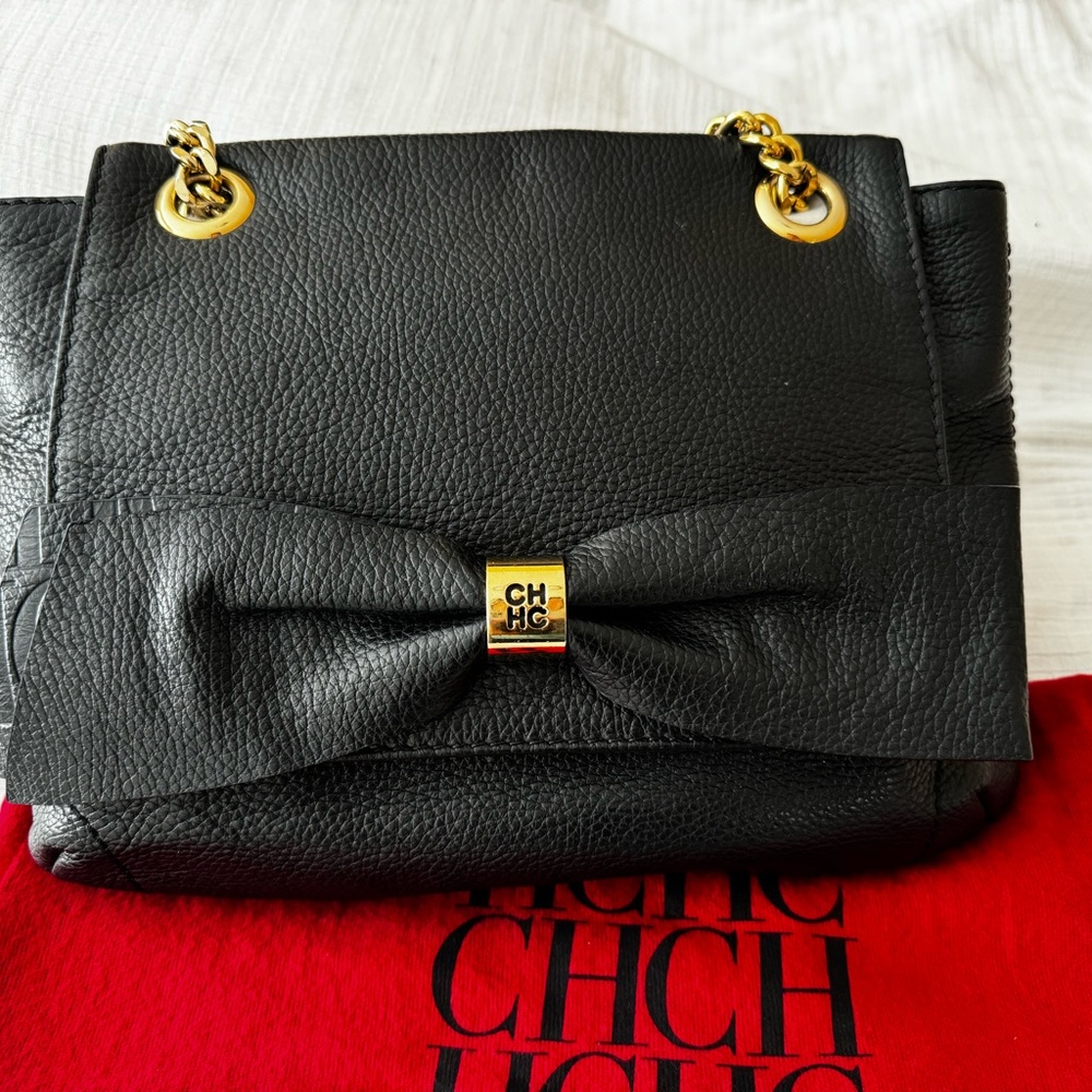 Carolina Herrera Black Leather Bow Shoulder Bag